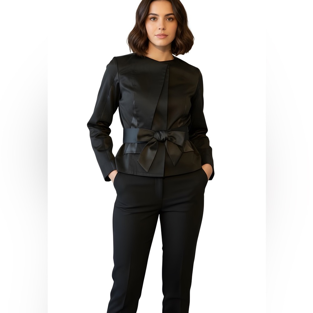 Black Tyler Collarless Tuxedo Jacket with Removable Belt in Size 38